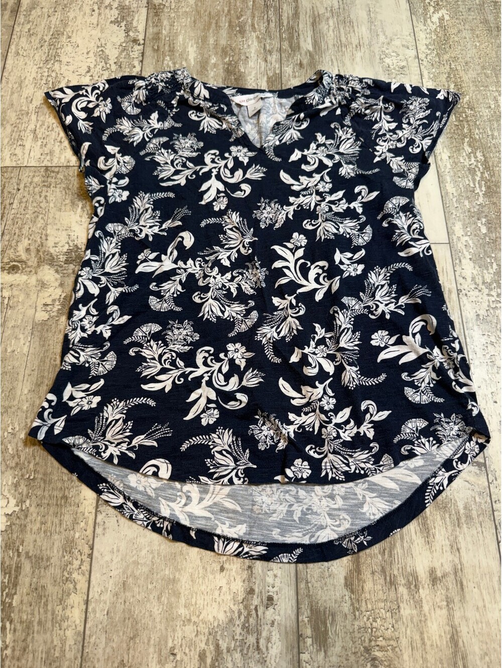 Liz Claiborne Womens S Navy White Floral V Neck Tunic Top